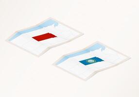 Two versions of a folded map of South Dakota with the flag of the country of South Dakota and with the red color highlighted. vector
