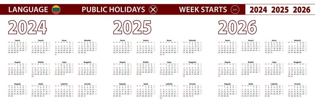 2024, 2025, 2026 año calendario en lituano idioma, semana empieza en domingo. vector