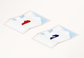 Two versions of a folded map of Kentucky with the flag of the country of Kentucky and with the red color highlighted. vector