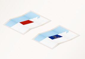 Two versions of a folded map of North Dakota with the flag of the country of North Dakota and with the red color highlighted. vector