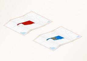Two versions of a folded map of Oklahoma with the flag of the country of Oklahoma and with the red color highlighted. vector