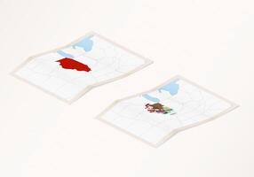 Two versions of a folded map of Illinois with the flag of the country of Illinois and with the red color highlighted. vector