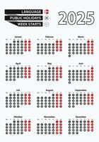 Template calendar 2025 with number in circles, simple Danish calendar for year 2025. vector