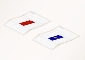 Two versions of a folded map of Kansas with the flag of the country of Kansas and with the red color highlighted. vector
