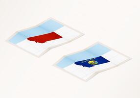 Two versions of a folded map of Montana with the flag of the country of Montana and with the red color highlighted. vector