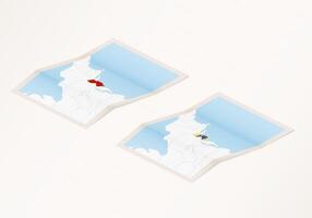 Two versions of a folded map of New Jersey with the flag of the country of New Jersey and with the red color highlighted. vector