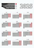 Template calendar 2025 with number in circles, simple Japanese calendar for year 2025. vector