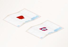 Two versions of a folded map of Arkansas with the flag of the country of Arkansas and with the red color highlighted. vector