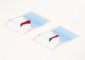 Two versions of a folded map of North Carolina with the flag of the country of North Carolina and with the red color highlighted. vector