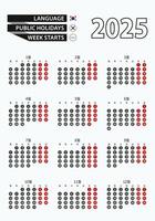 Template calendar 2025 with number in circles, simple Korean calendar for year 2025. vector