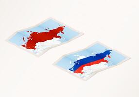 Two versions of a folded map of Russia with the flag of the country of Russia and with the red color highlighted. vector