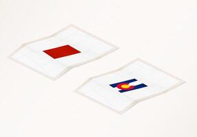 Two versions of a folded map of Colorado with the flag of the country of Colorado and with the red color highlighted. vector