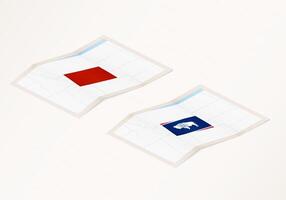 Two versions of a folded map of Wyoming with the flag of the country of Wyoming and with the red color highlighted. vector