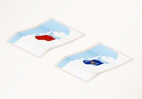 Two versions of a folded map of Wisconsin with the flag of the country of Wisconsin and with the red color highlighted. vector