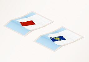Two versions of a folded map of Oregon with the flag of the country of Oregon and with the red color highlighted. vector