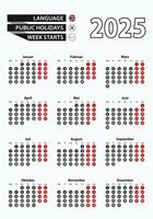 Template calendar 2025 with number in circles, simple Norwegian calendar for year 2025. vector
