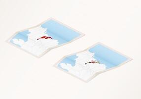 Two versions of a folded map of Maryland with the flag of the country of Maryland and with the red color highlighted. vector
