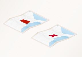 Two versions of a folded map of Alabama with the flag of the country of Alabama and with the red color highlighted. vector