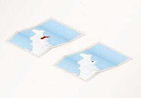 Two versions of a folded map of Massachusetts with the flag of the country of Massachusetts and with the red color highlighted. vector