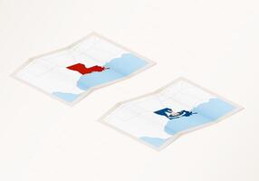 Two versions of a folded map of Louisiana with the flag of the country of Louisiana and with the red color highlighted. vector