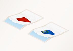 Two versions of a folded map of Nevada with the flag of the country of Nevada and with the red color highlighted. vector
