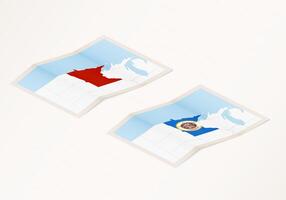 Two versions of a folded map of Minnesota with the flag of the country of Minnesota and with the red color highlighted. vector