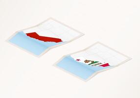 Two versions of a folded map of California with the flag of the country of California and with the red color highlighted. vector