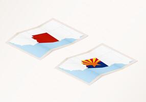 Two versions of a folded map of Arizona with the flag of the country of Arizona and with the red color highlighted. vector