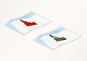 Two versions of a folded map of Idaho with the flag of the country of Idaho and with the red color highlighted. vector