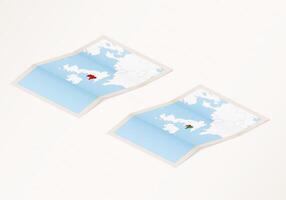 Two versions of a folded map of Wales with the flag of the country of Wales and with the red color highlighted. vector