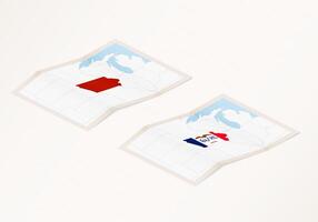 Two versions of a folded map of Iowa with the flag of the country of Iowa and with the red color highlighted. vector