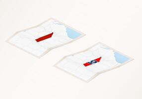Two versions of a folded map of Tennessee with the flag of the country of Tennessee and with the red color highlighted. vector