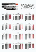 Template calendar 2025 with number in circles, simple Chinese calendar for year 2025. vector
