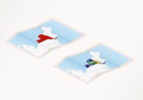 Two versions of a folded map of New York with the flag of the country of New York and with the red color highlighted. vector