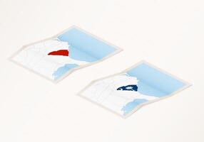 Two versions of a folded map of South Carolina with the flag of the country of South Carolina and with the red color highlighted. vector