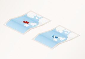 Two versions of a folded map of Scotland with the flag of the country of Scotland and with the red color highlighted. vector