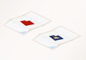 Two versions of a folded map of Utah with the flag of the country of Utah and with the red color highlighted. vector