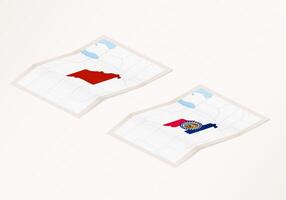 Two versions of a folded map of Missouri with the flag of the country of Missouri and with the red color highlighted. vector