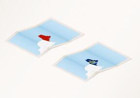 Two versions of a folded map of Maine with the flag of the country of Maine and with the red color highlighted. vector
