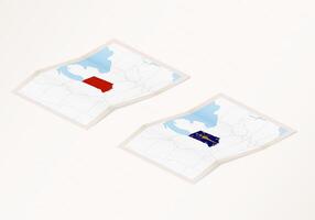 Two versions of a folded map of Indiana with the flag of the country of Indiana and with the red color highlighted. vector