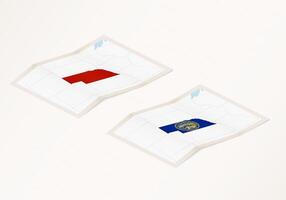Two versions of a folded map of Nebraska with the flag of the country of Nebraska and with the red color highlighted. vector