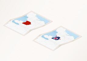 Two versions of a folded map of Ohio with the flag of the country of Ohio and with the red color highlighted. vector