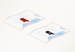 Two versions of a folded map of Mississippi with the flag of the country of Mississippi and with the red color highlighted. vector