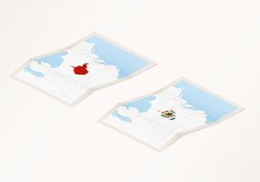 Two versions of a folded map of West Virginia with the flag of the country of West Virginia and with the red color highlighted. vector