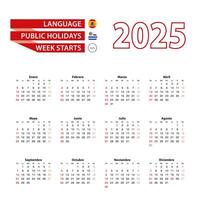 Calendar 2025 in Spanish language with public holidays the country of Uruguay in year 2025. vector