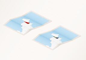 Two versions of a folded map of New Hampshire with the flag of the country of New Hampshire and with the red color highlighted. vector