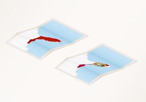 Two versions of a folded map of Florida with the flag of the country of Florida and with the red color highlighted. vector