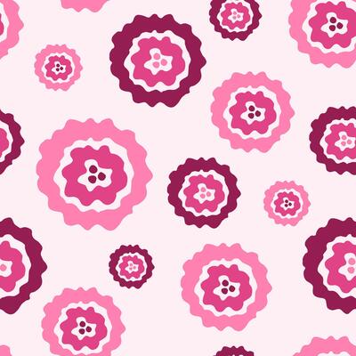 Simple floral abstract seamless pattern. Silhouette of pink flowers of a round shape, different sizes, shades on a pale light background. For prints of fabrics, clothing, textile products.