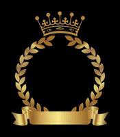 Realistic Golden Crown with Laurel Wreath and Gold Ribbon for text, isolated on black background. Golden laurel wreath with ribbon and crown. Illustrations of awards and honors vector