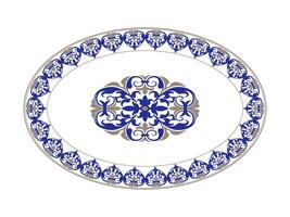Oriental porcelain plate with golden blue pattern on white background. Oval frame arabesque. Plate with a large floral element in the center. Moroccan pattern. Pattern frame for oval ceramics, textile vector